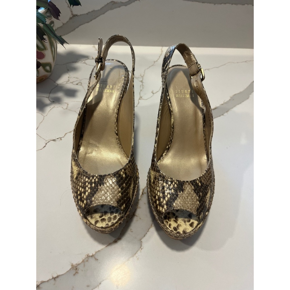 Stuart Weitzman Snakeskin Embossed Cork Wedge Slingback Sandals Brown 7.5 M - Picture 2 of 8